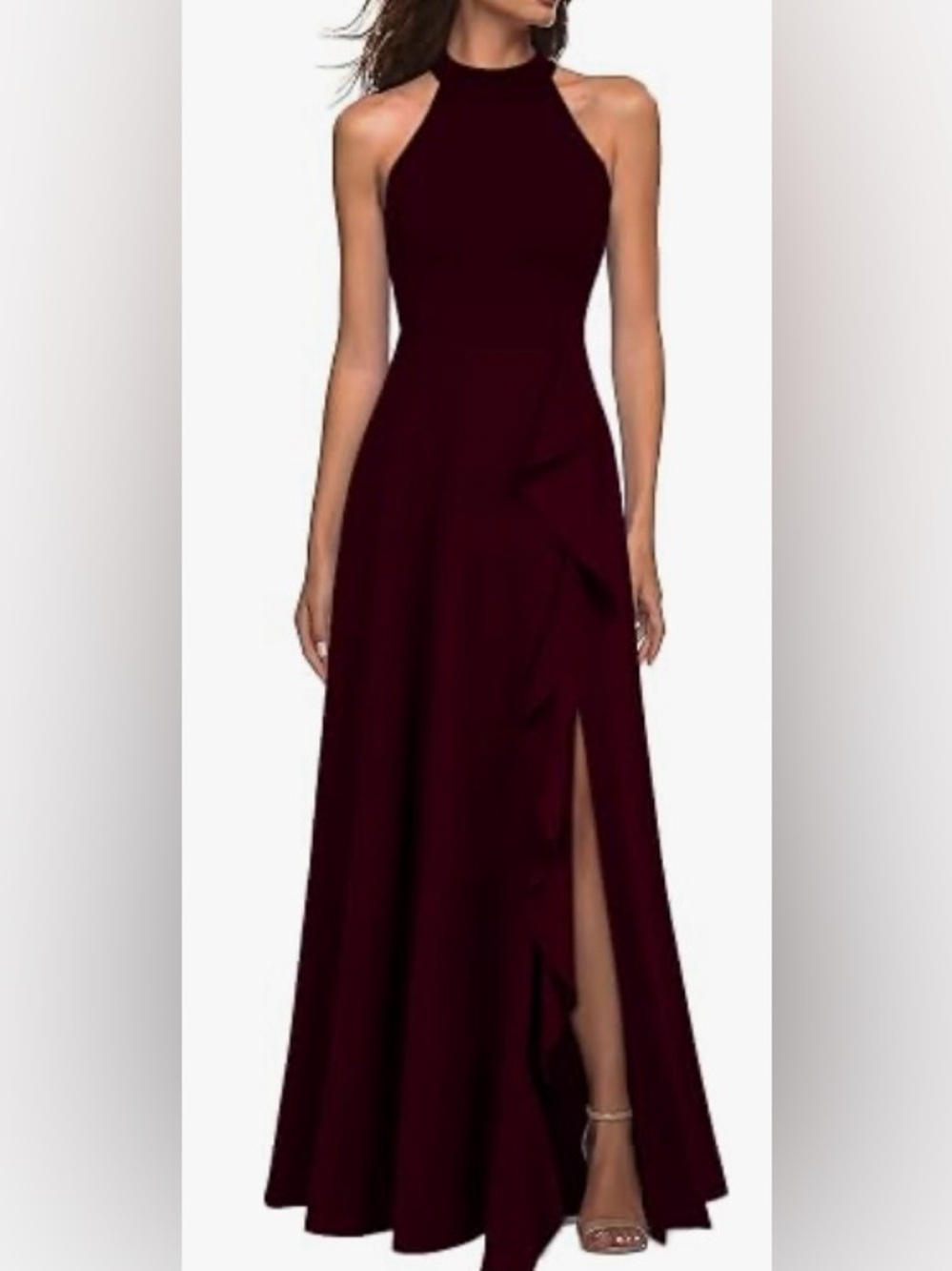 NWT Elegant Women's Burgundy Side Slit High Neck Evening Gown